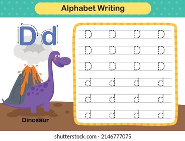 Alphabet Letter D - Dinosaur exercise with cartoon vocabulary illustration, vector