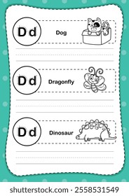 Alphabet letter D exercise with cartoon vocabulary for coloring book illustration, vector