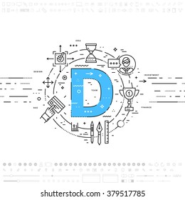 Alphabet Letter D. Flat Style, Thin Line Art Design. Set of application development, web site coding, information, mobile technologies, business icons and elements. Modern concept vectors collection