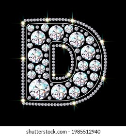 Alphabet letter D made from bright, sparkling diamonds. Jewelry font. 3d realistic style vector illustration.