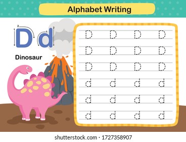 Alphabet Letter D-Dinosaur exercise with cartoon vocabulary illustration, vector