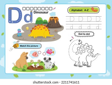 Alphabet Letter D-Dinosaur exercise with cartoon vocabulary illustration, vector