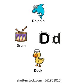 Alphabet Letter D-dolphin,drum,duck vector illustration