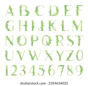 Alphabet Letter Decorated with Green Foliage and Leaf Vector Set