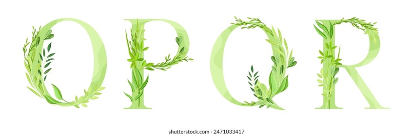 Alphabet Letter Decorated with Green Foliage and Leaf Vector Set