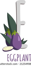 Alphabet. The letter E. Cute eggplant. Illustration on transparent background. A vector illustration of alphabet from A to Z.
