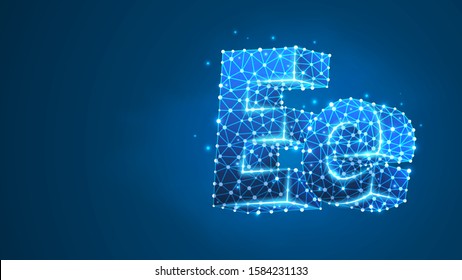 Alphabet letter E. Design of an Uppercase and lowercase letters. Banner, template or a pattern. Abstract digital wireframe, low poly mesh, vector blue neon 3d illustration. Triangle, line, dot