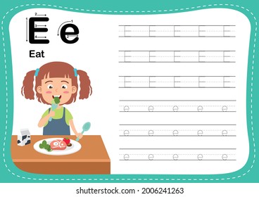 Alphabet Letter E - Eat exercise with cut girl vocabulary illustration, vector