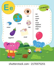 Alphabet Letter E education vocabulary illustration, vector