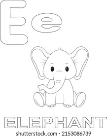 Alphabet letter E for Elephant Coloring Book Pages for Children and Kids 