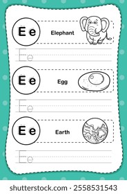 Alphabet letter E exercise with cartoon vocabulary for coloring book illustration, vector