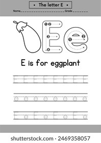 Alphabet Letter E exercise with  vocabulary illustration, vector
