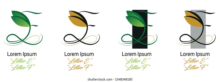 Alphabet, letter e and f logo design idea. Plant, leaf, natural floral design concept. Green, black and gold colored. Script.