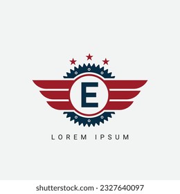Alphabet letter E logo mechanical circle shape concept with wings ornament silhouette