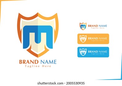 Logo de la letra alfabeta E con protección en color azul y naranja para el negocio de la seguridad
