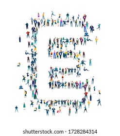 Alphabet. Letter E made of many little people, crowd creation. Lots of busy people in the letter shape. 