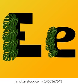 Alphabet, the letter E on yellow background, with exotic green leaves, black, vector illustration, eps 10 