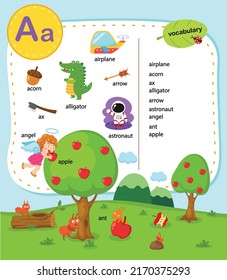 Letra alfabética A ilustración del vocabulario educativo, vector