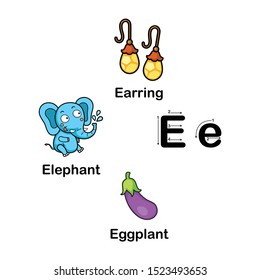 Alphabet Letter E-eggplant,earring,elephant vector illustration