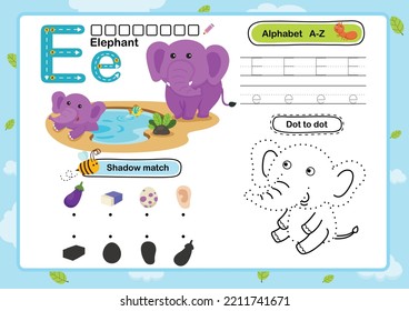 Alphabet Letter E-Elephant exercise with cartoon vocabulary illustration, vector svg