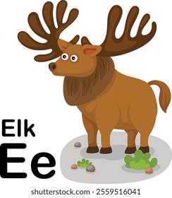 Alphabet Letter E-Elk with cartoon vocabulary illustration, vector