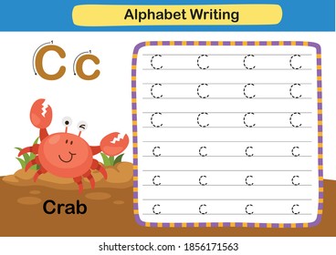 Alphabet Letter exercise C-Crab with cartoon vocabulary illustration, vector