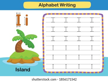 Alphabet Letter exercise I-Island with cartoon vocabulary illustration, vector