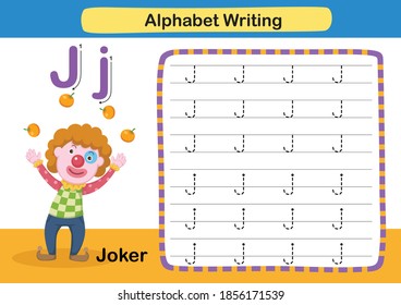 Alphabet Letter exercise J-Joker with cartoon vocabulary illustration, vector