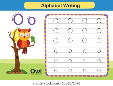 Alphabet Letter exercise O-Owl with cartoon vocabulary illustration, vector