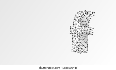 Alphabet letter F. Abstract digital wireframe, low poly mesh, vector white origami 3d illustration. Design of a lowercase letter. Banner, template or a pattern. Triangle, line, dot