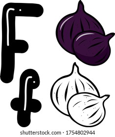 Alphabet, letter F with coloring and figs. Flashcards for English lessons. Training, drawing, sample with picture