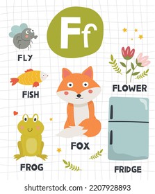 Alphabet letter F with cute object and animal illustration for children learning