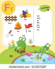 Alphabet Letter F education vocabulary illustration, vector