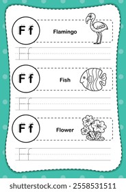 Alphabet letter F exercise with cartoon vocabulary for coloring book illustration, vector