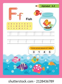 Alphabet Letter F - Fish exercise with cartoon vocabulary illustration, vector