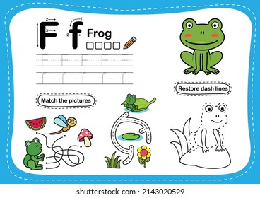 Alphabet Letter F - Frog exercise with cartoon vocabulary illustration, vector