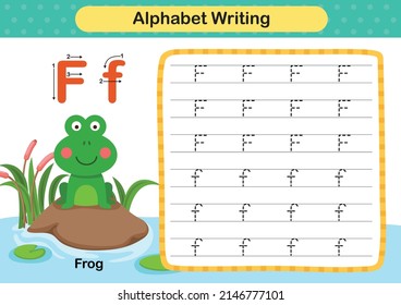 Alphabet Letter f - frog exercise with cartoon vocabulary illustration, vector