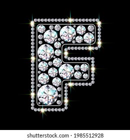 Alphabet letter F made from bright, sparkling diamonds. Jewelry font. 3d realistic style vector illustration.