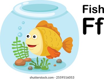 Alphabet Letter F-Fish with cartoon vocabulary illustration, vector