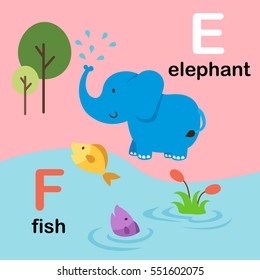 Alphabet Letter F-fish,E-elephant,,vector illustration