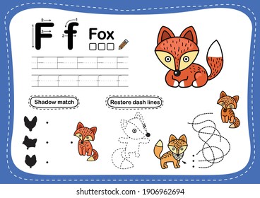 Alphabet Letter F-fox exercise with cartoon vocabulary illustration, vector