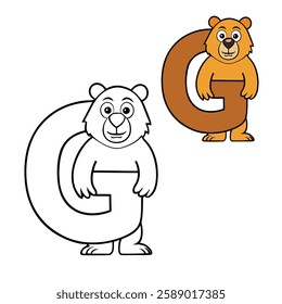 Alphabet letter "G" with a cute groundhog coloring page. Features a playful groundhog near a bold letter "G," perfect for kids to color and learn. Fun and educational!