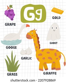 Letra alfabética G con objeto tierno e ilustración animal para niños que aprenden