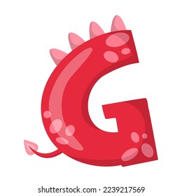 Alphabet letter G in dinosaur font vector illustration. Cute cartoon drawing of English letter and number in dino style for kindergarten or school children. Education concept