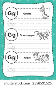 Alphabet letter G exercise with cartoon vocabulary for coloring book illustration, vector