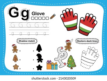 Alphabet Letter G - Glove exercise with cartoon vocabulary illustration, vector