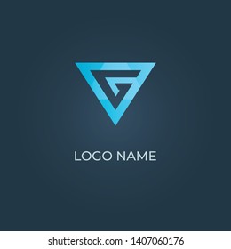 Alphabet letter G logo with triangle form on isolated dark blue