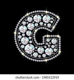 Alphabet letter G made from bright, sparkling diamonds. Jewelry font. 3d realistic style vector illustration.