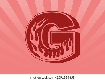 Alphabet letter G with ornament flames. Sunburst background. Vector illustration