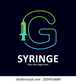Alphabet letter G in shape of syringe design vector logo. Suitable for initial health and immunization symbol 